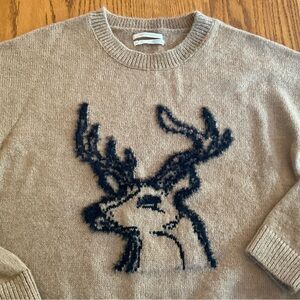 ANTHROPOLOGIE Oh Deer Sweater Reindeer Intarsia Novelty Pullover Tan Brown Boho
